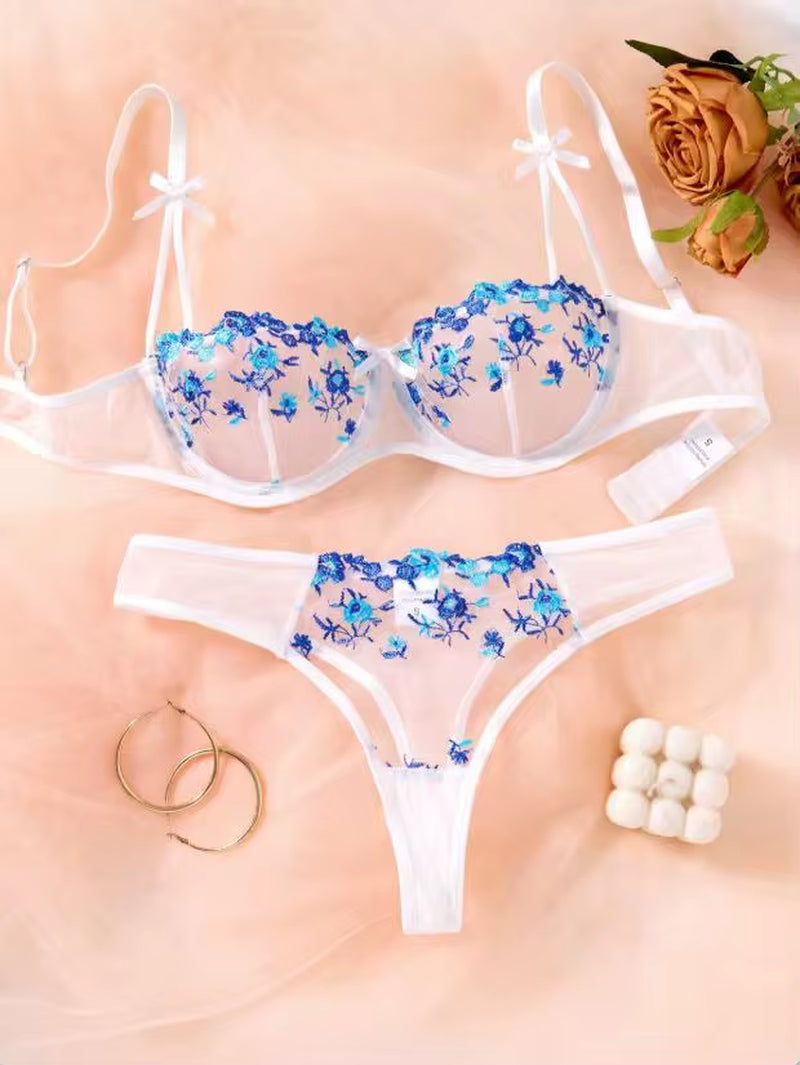 Night Beautiful Sexy Women 2 Piece Floral Embroidery Underwear Sexy Erotic Lingerie Underwear Set