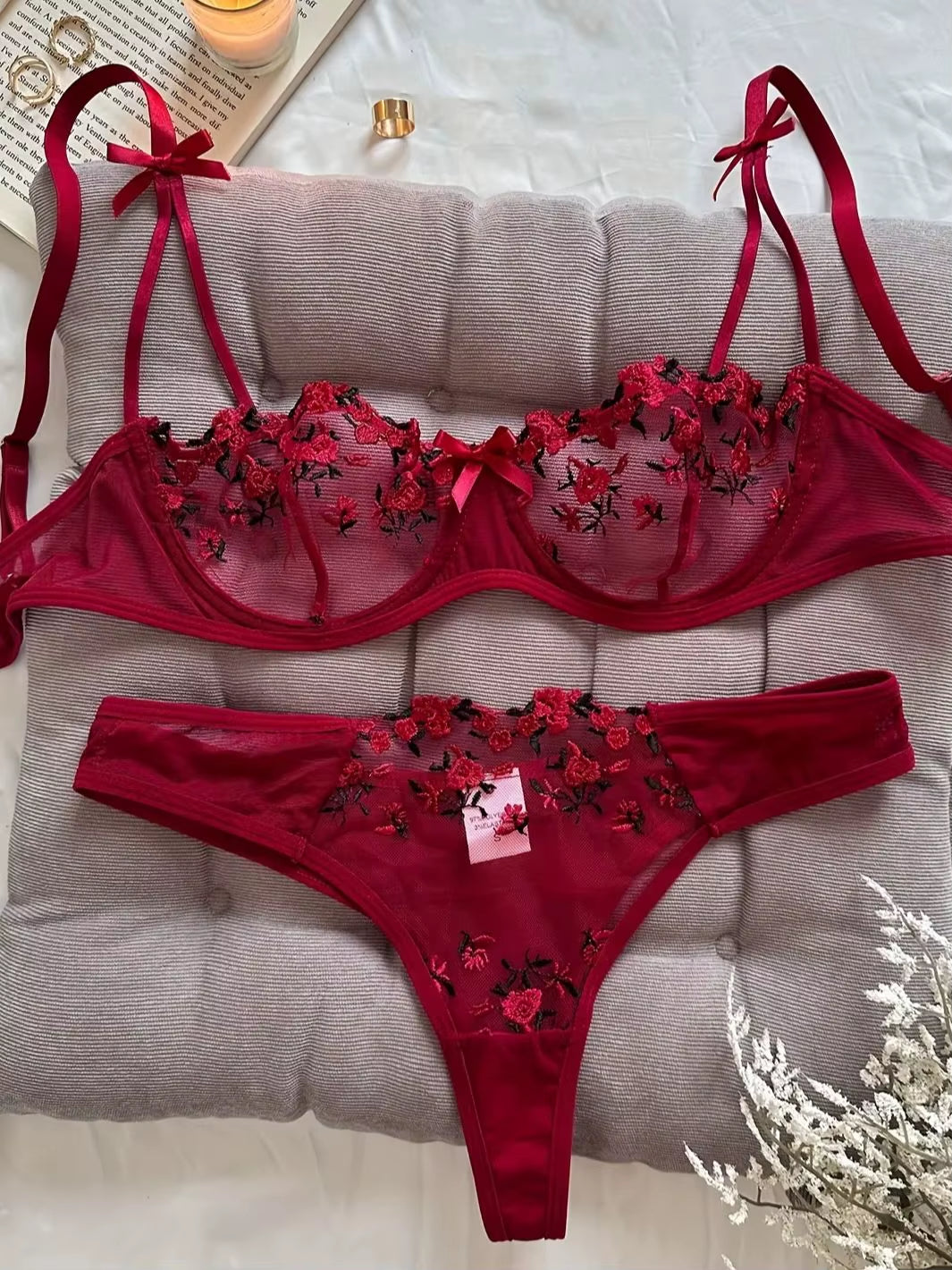 Night Beautiful Sexy Women 2 Piece Floral Embroidery Underwear Sexy Erotic Lingerie Underwear Set