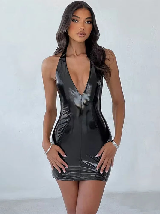 Sexy Slim Short Streetwear Women Clothing Fashions One-Piece V-Neck Sleeveless Dress for Women Colour PU Neck-Mounted Dresses
